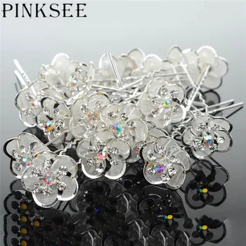 

Pinksee Charm Fashion 20pcs Transparent Crystal Flowers Hair Pins for Women Wedding Bride U-shape Stick Hair Barrette Wholesale