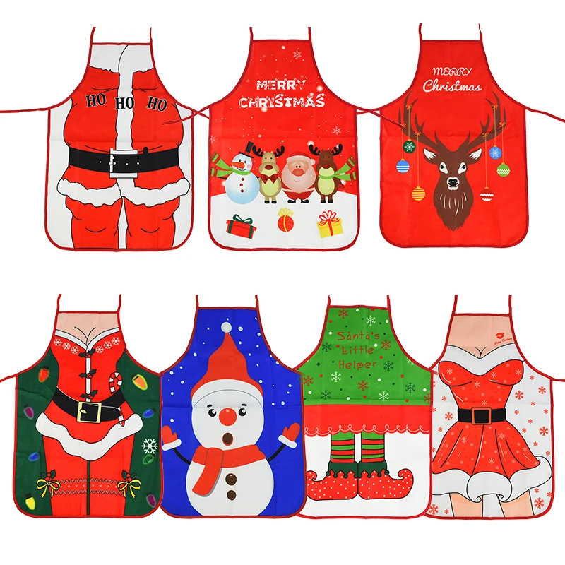 

48*70cm Merry Christmas Apron Funny Xmas Theme Pattern Polyester Cotton Aprons Home Kitchen Cleaning Baking Cooking Accessories