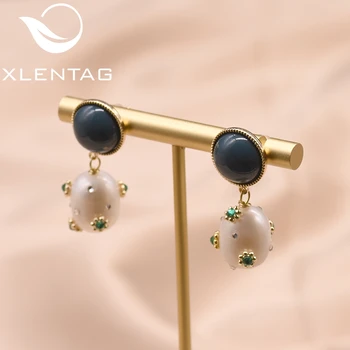 

XlentAg Handmade Vintage Green Zircon Earrings For Wife Mother Anniversary Women Natural Pearls Boho Luxury Jewelry Femme GE0833