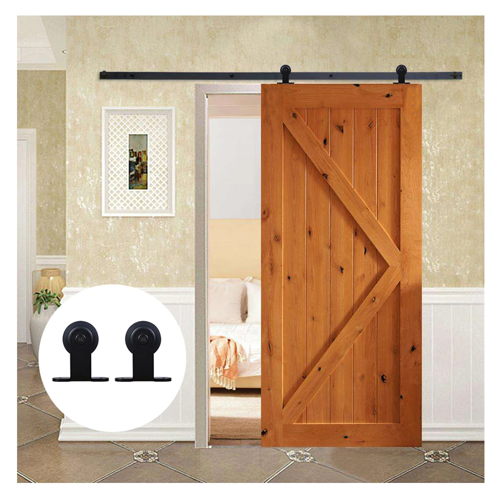 Kit de herrajes para puerta corredera de Granero, Riel de rodillo en forma  de T de acero negro para puerta única, 121CM/183CM/200CM - AliExpress