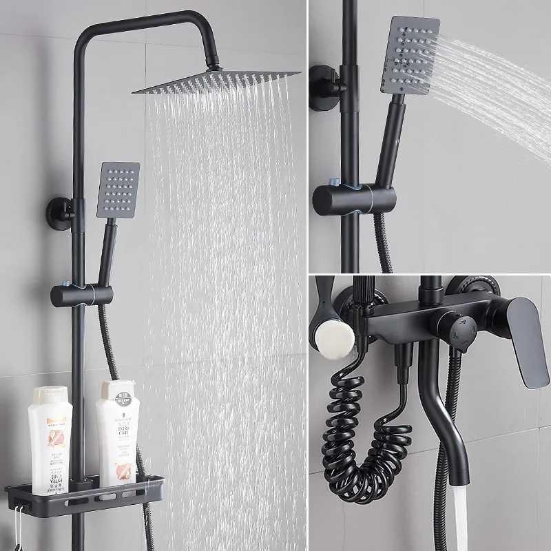 

Full Copper Black Shower Square Shower Suit Lift Pressure Boost Get Wet In The Rain Nozzle More Function Four Shower Stall