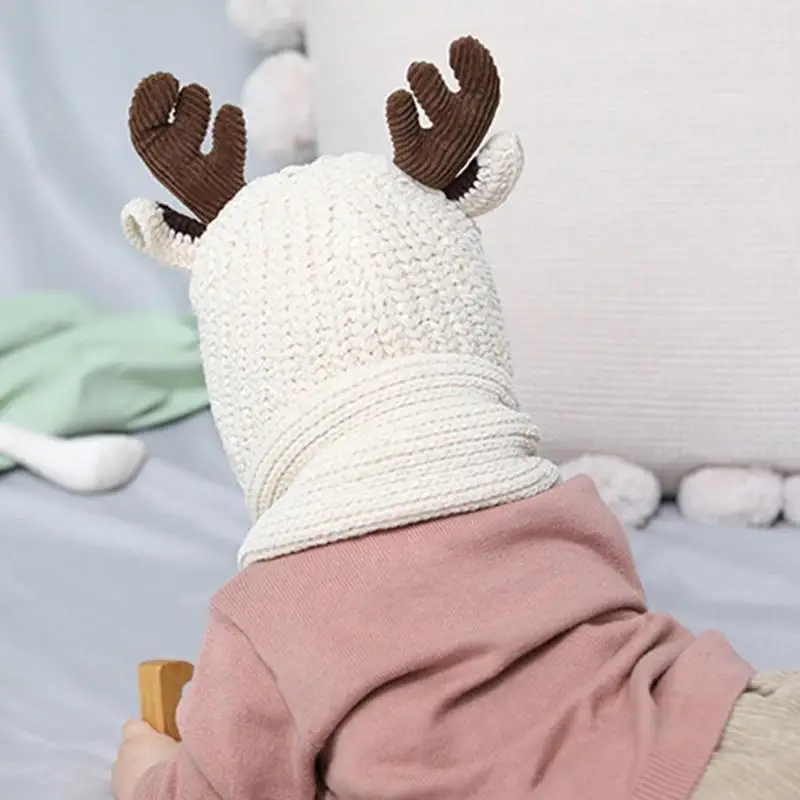 Newborn Baby Winter Warm Cap Scarf Set Cute Knitted Antlers Neck Warmer Cap Suit Infants Protect Boy Girl Kids Hat and Scarf Set