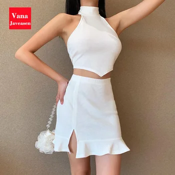 

2PCS Set Skirts Women Clothes Sexy Halter Neck Backless Bandage Crop Tops Women High Waist Hem Ruffled Mini Skirts Two-piece Set