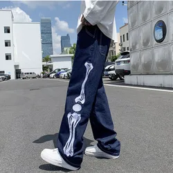 Pantalones vaqueros Y2k de esqueleto azul para hombre, pantalón de pierna recta informal lavado con cremallera, Vintage, de pierna ancha, Otoño, 2021