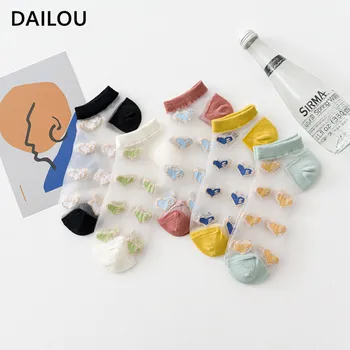 

Summer Kawaii Glass Silk Socks Women Korean College Trend Love Short Socks Thin Breathable Crystal Happy Solid Color Boat Socks