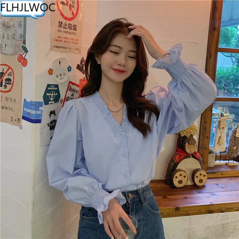 Japón de algodón básica Camisas Blusas de mujeres, de moda de larga elegante oficina trabajo de Blanco sólido con volantes elegante Tops Blusas|Camisa| - AliExpress