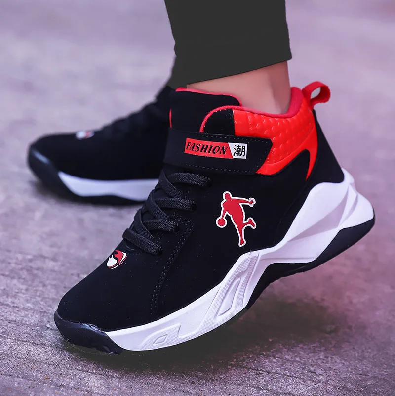 Boys Basketball Shoes Thick Sole Soft Spring Mesh Kids Sneakers Non-slip Leather Children Sport Shoes Outdoor Boys Basket Shoes