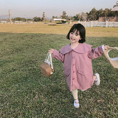 Осенний Тренч для девочек детский однотонный плащ с длинными рукавами в Корейском стиле для девочек, длинное Детское пальто - Цвет: Розовый