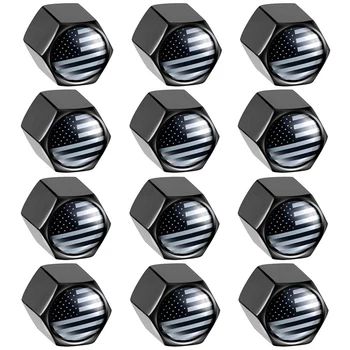 

12 Packs American Flag Valve Stem Cap USA Flag Black Stem Cover Aluminum with Rubber Ring Tire Wheel Rim Dust Cover Fits Cars, T
