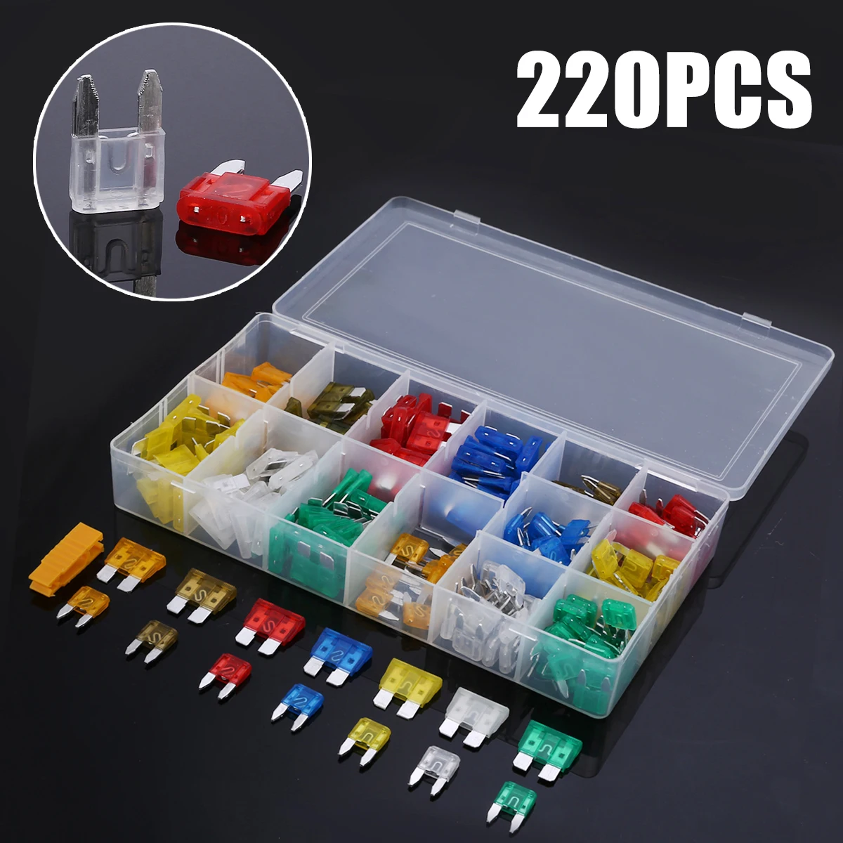 

220pcs Durable 5-30A Mini + Standard Fuse Assortment Mixed Kit Blade Fuse APM ATM for Bus Auto Car Truck Motocycle with Box