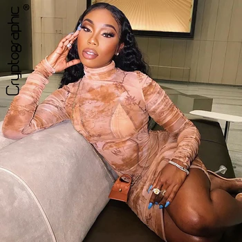 

Cryptographic Sexy Women's Mini Dresses Ruched Printing Turtleneck Long Sleeve Dress Vintage Ladies Bodycon Dresses Night Party