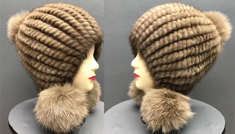 Dames wintermuts van nertsenbreisel met vossenbont pompon_voghion.com