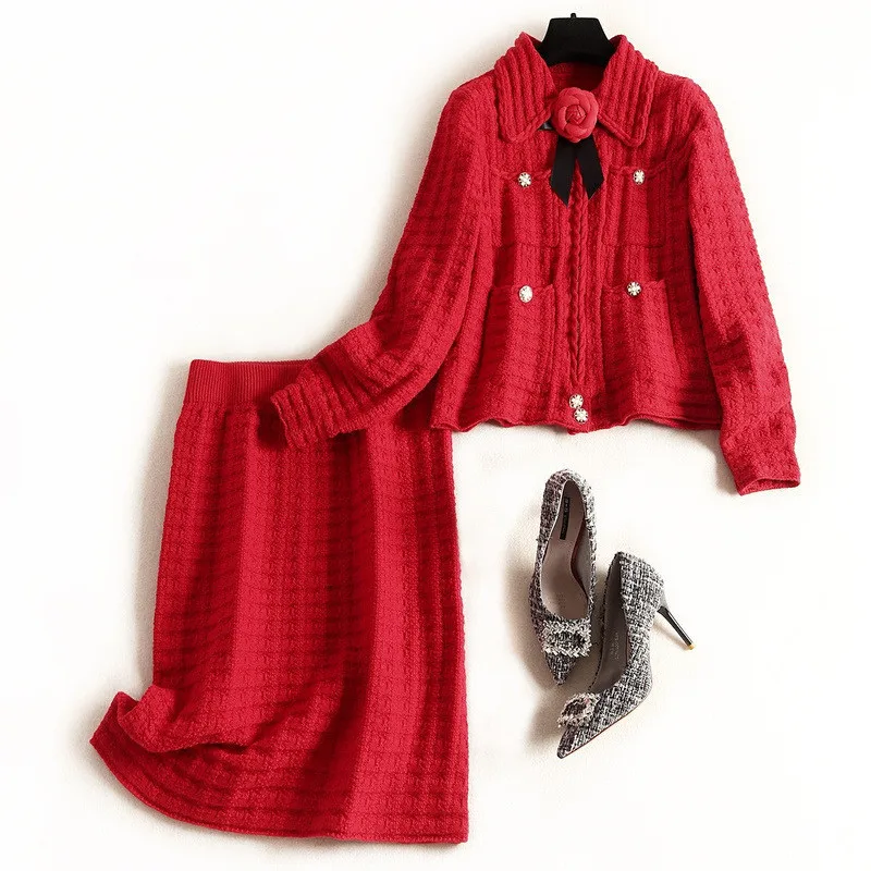 Высококачественный подиумный Женский комплект, Модный осенне-зимний комплект одежды из 2 предметов, трикотажный кардиган, свитер, юбка, костюм, наборы - Цвет: Красный
