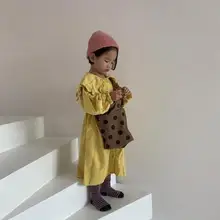 Г.; платье с длинными рукавами для девочек темно-синего и темно-синего цвета; желтое платье с воротником в стиле «четверки»; Милая Весенняя детская одежда с оборками в западном стиле