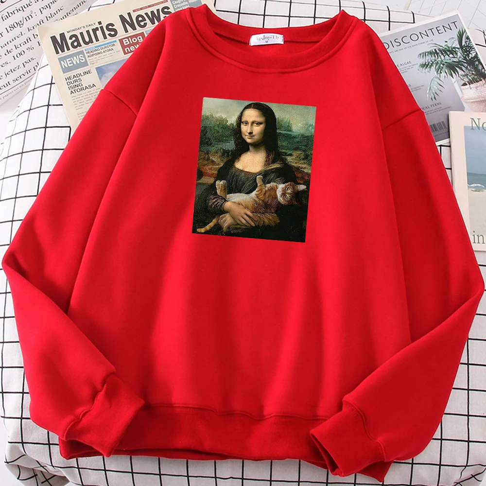 

Famous Painting Mona Lisa Hold Cat Printing Womens Hooded Fashion Loose Hoodies Hip Hop Soft Sweatshirts Casual Warm Streetwear