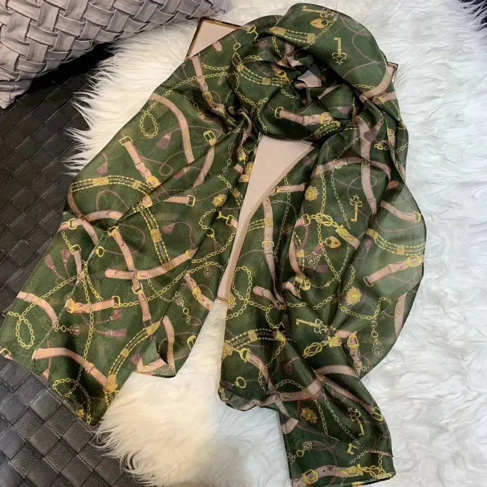 [BYSIFA] Ультрамодный весенне-осенний шелковый шарф, брендовый женский длинный шарф, накидка, Модный дизайн, кружевной узор, синий Шелковый шарф - Цвет: green chain