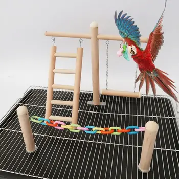 

Bird Cage Stand Play Gym Wood Perch Playground Parrot Climbing Ladder Chewing Chain Swing for Lovebirds Activity Center