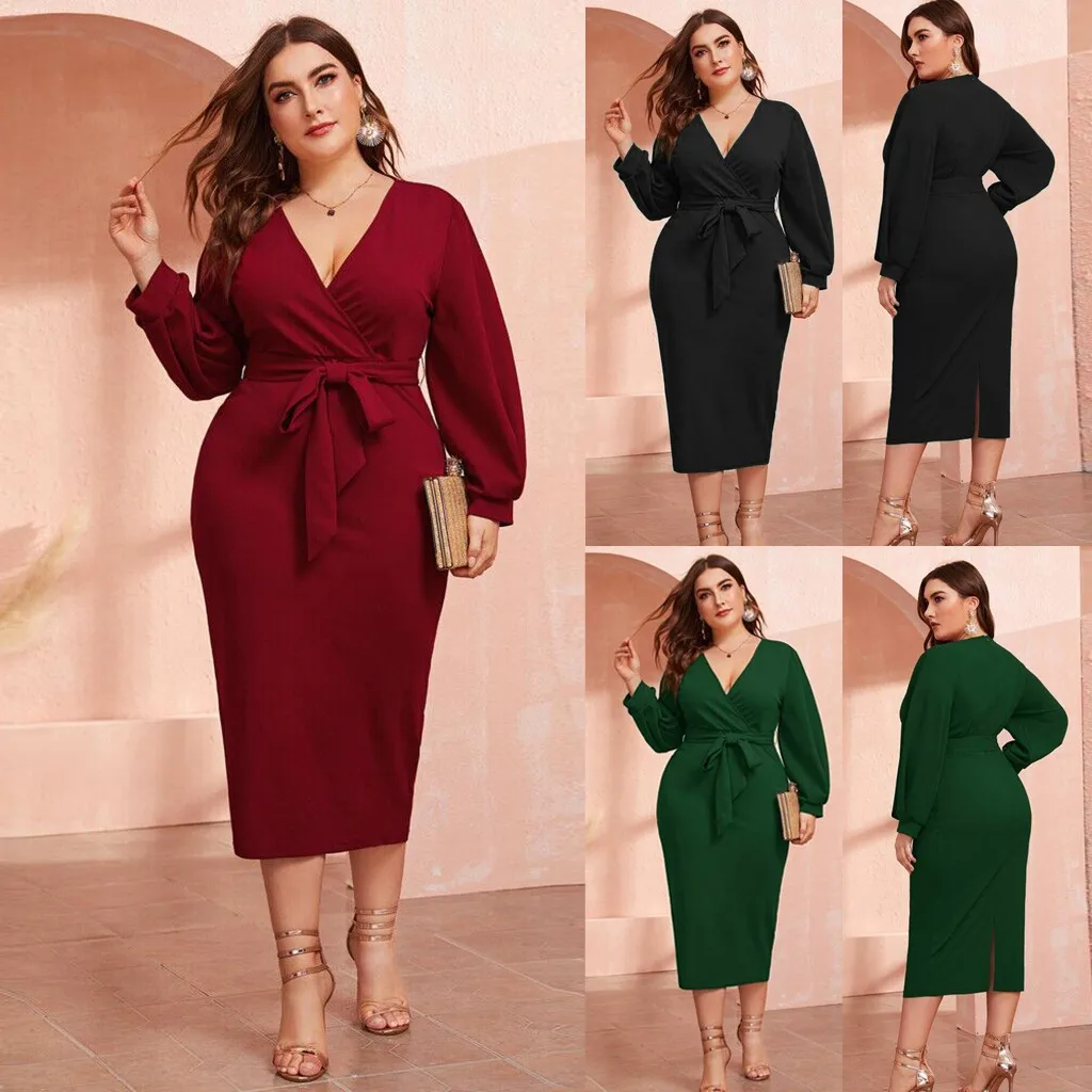 

Plus Size Women Dresses V Neck Surplice Neck Slit Dresses For Ladies Clothes Hem Belted Dress Charmant Female Clothing Vestidos