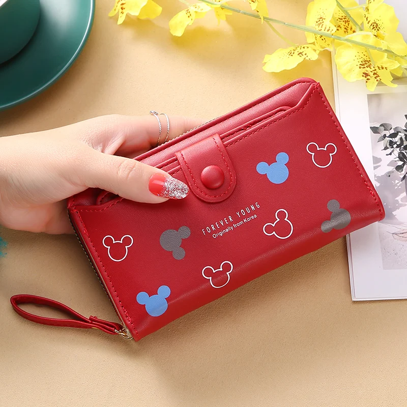 Lovely Mickey Cartoon PU Leather Lady Long Hand Holding Large-Capacity Card Holder Women`s Wallet Girl Fashion Mobile Phone Bag 