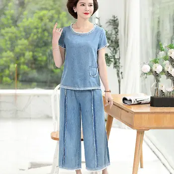 

Mother's Dresses Wide-leg Pants Suit Female 2020 New Summer Denim Two-piece Set Simple Casual Jeans Clothing Plus Size 5XL K220