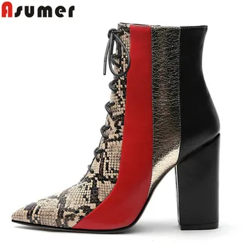 

ASUMER 2020 new ankle boots for women pointed toe zip high heels shoes ladies boots cross tied mixed colors autumn winter boots