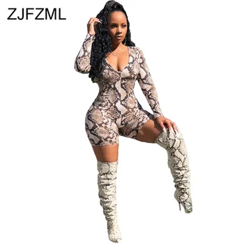

Snake Print Sexy Long Sleeve Bodysuit for Women Deep V Neck Bandage Playsuit Fall 2019 Party Night Club Bodycon Short Jumpsuits