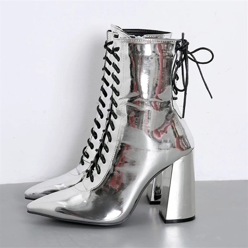 

2019 Women Silver Boots Stripper Glossy Boots Chunky 10cm High Heels Short Ankle Boots Block Heels Lace Up Fetish Cool Shoes