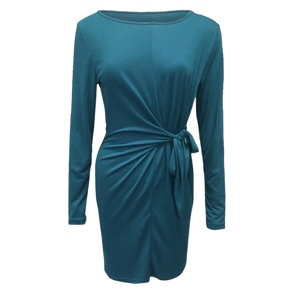 Осенне-зимнее платье женское модное платье с длинным рукавом с круглым вырезом и поясом вечернее платье vestidos дамское однотонное платье-блузка#4