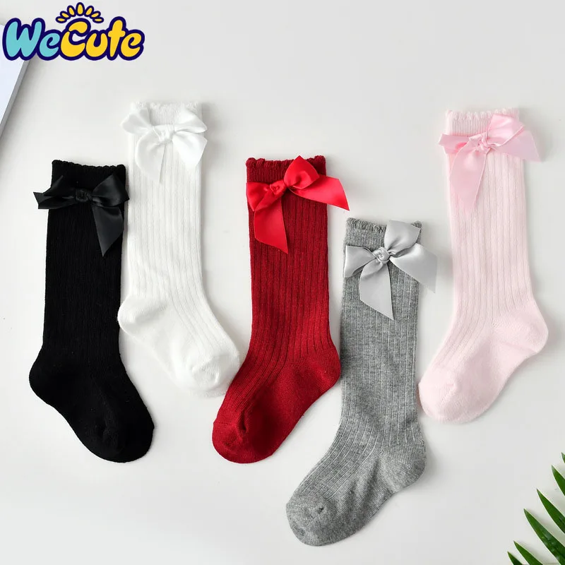 

Wecute 2019 New Solid Color Bow Stripes Socks Infant Baby Sock Winter And Autumn Princess Children's Knee Socks Kids Dance Socks