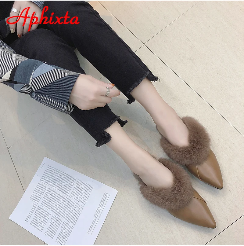 Aphixta/женские шлепанцы с острым носком; Коллекция года; обувь без задника с натуральным животным мехом; обувь с пряжкой; тапочки с натуральным мехом; женская обувь на меху