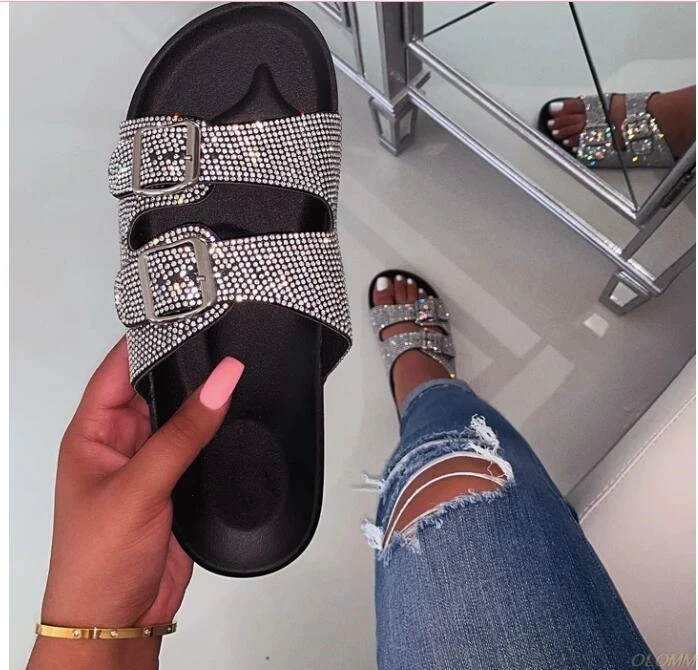 

2019 new women Double-layer rhinestone outdoor beach shoes slippers summer sandals crystal buckles women students outdoor