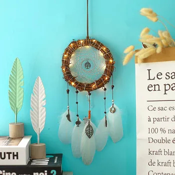 

20 LEDs Handmade Dreamcatcher with String Light Feather Dream Catcher Wall Hanging Decoration Home Ornaments