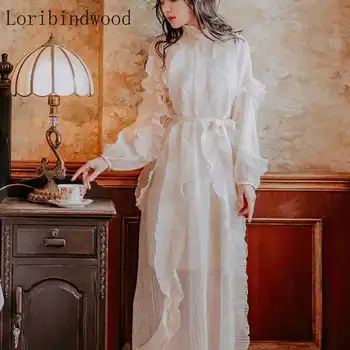

High-end Runway Dress 2020 Spring summer women Elegant Long Sleeve White Pleated ruffle Maxi Long Dress