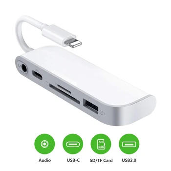 

SD TF Card Reader, USB to Lightening Adapter, 5 in 1 Card Reader Adapter with 1*USB 2.0 OTG Interface, SD/TF Card Reader, 1* PD