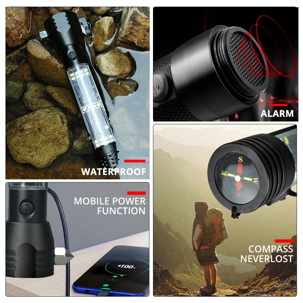 Usb Rechargeable Solar Led Flashlight Multi-function Emergency Torch Safety  Hammer Mobile Power Compass For Outdoor Activities Flashlights  Torches  AliExpress