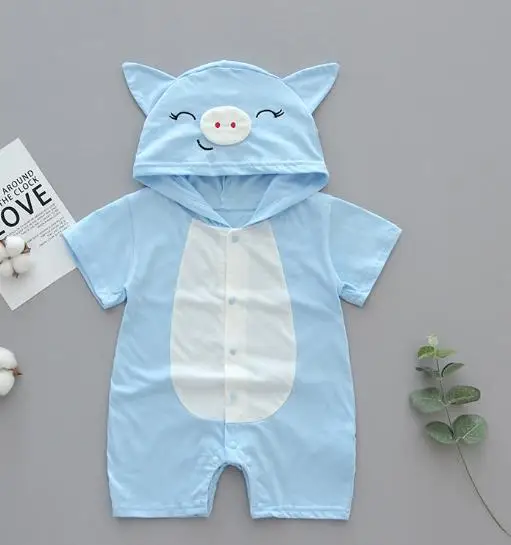 Blue PIg Для маленьких девочек с капюшоном Рубашка с короткими рукавами летние ползунки, комбинезоны для малышей, комбинезон, Животные собачка Банни с принтом в виде коровы, жабы тигра Одежда для девочек - Цвет: Blue PIg