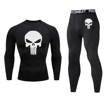 

Men's Fitness Skull Running Tights Gym training pants Tracksuit Punisher Compression set Jogging clothing leggings rashgard men