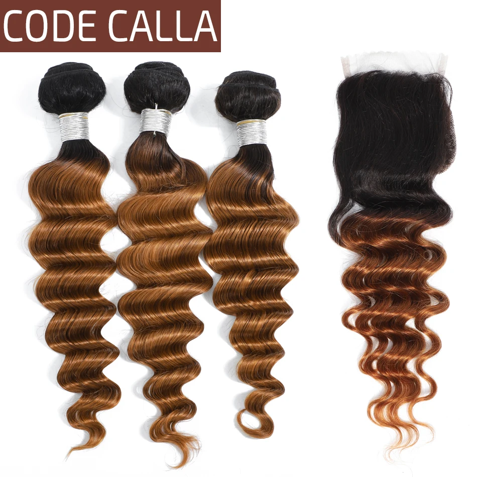 

Code Calla Remy Loose Deep Wave Bundles With Lace Closure Free Part Brazilian 100% Human Hair Weave Extension Ombre Brown Color