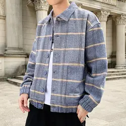Японская уличная шерстяная клетчатая Повседневная укороченная куртка пальто мужские винтажные хип хоп хипстерские полосатые флисовые