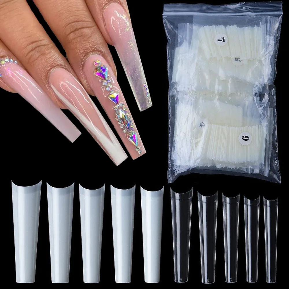 

500pcs/Bag XXL No C-Curve Coffin False Nail Tips Clear/Natural Half Cover Straight French 10Size Extra Long Fake Nails Art Salon