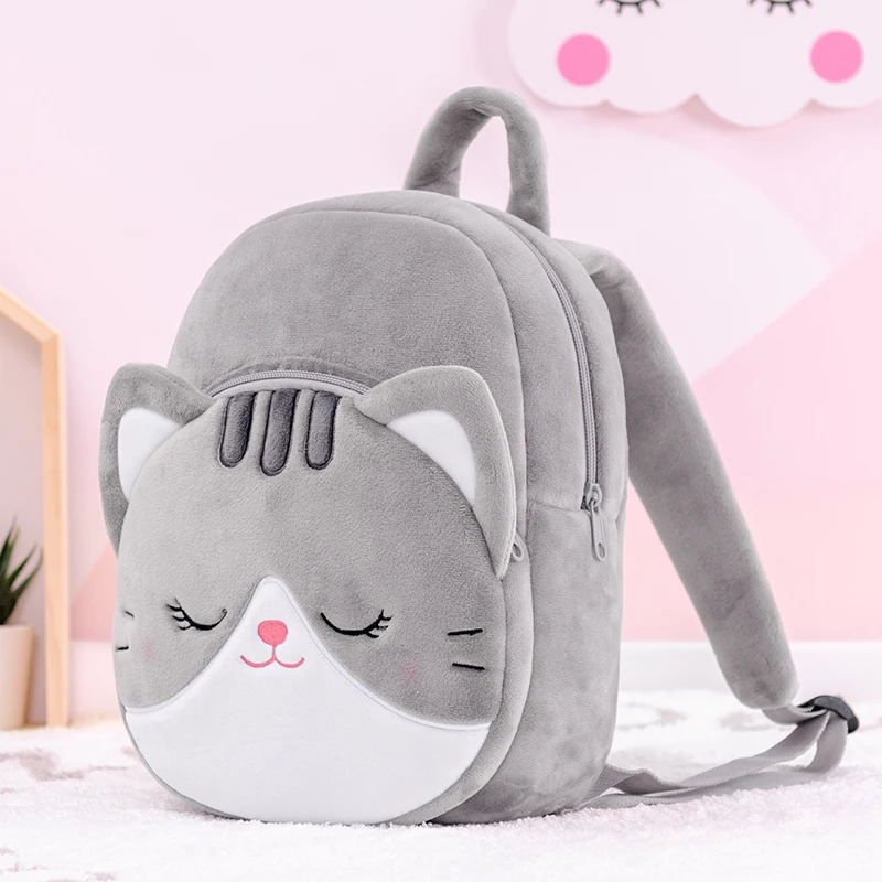 Gloveleya Plush Backpack Gray Cat Backpack Cute Children School Bags Soft Plush Animal Backpacks