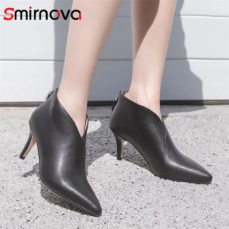 

Smirnova 2020 top quality genuine leather shoes women ankle boots pointed toe thin high heel dress shoes ladies office shoes