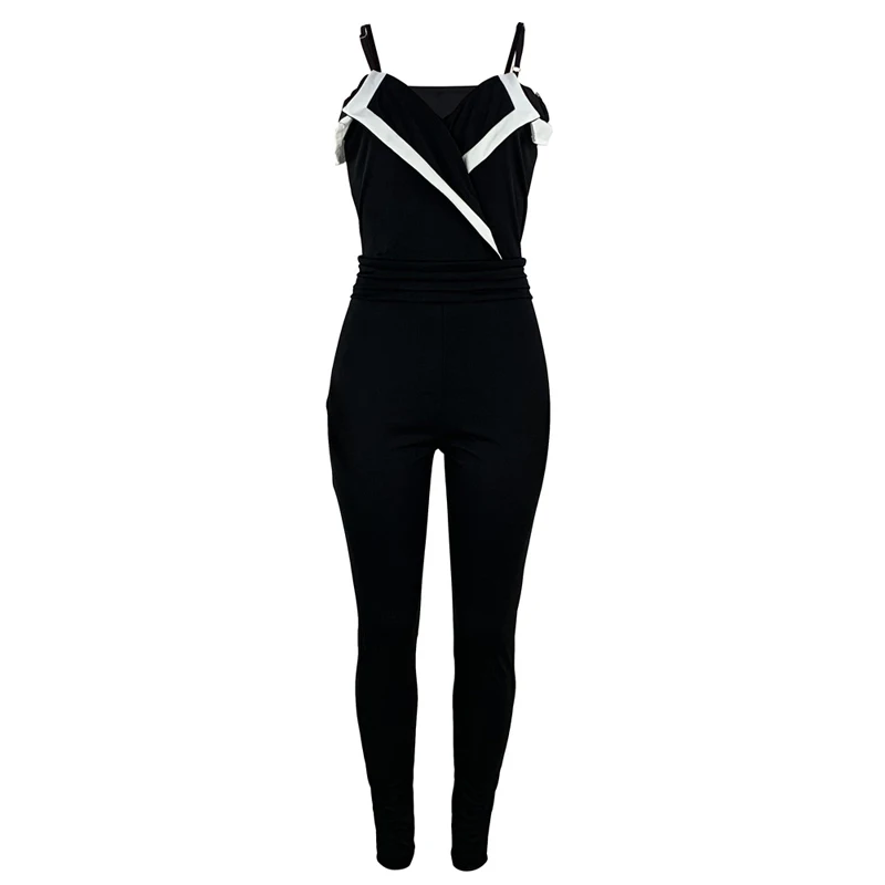 Tanie Kobiety Spaghetti Strap Off Shoulder kombinezon elegancki kolor bloku Bodycon długie ogrodniczki kombinezon lato jesień Streetwear Clubwear