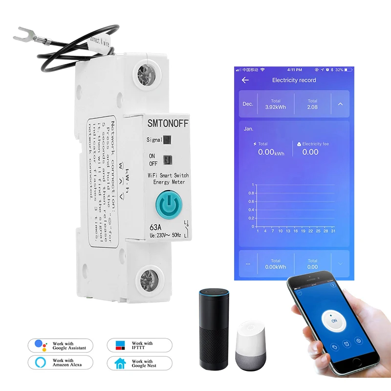 

18mm 1p din rail WIFI Smart Switch energy meter remote control caculate powersumption with Alexa and google home for smart home