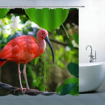 

Flamingo Shower Curtain Decor Red Bird Branch Green Leaves Natural Landscape Creative Animal Bathroom Curtain Polyester Fabric