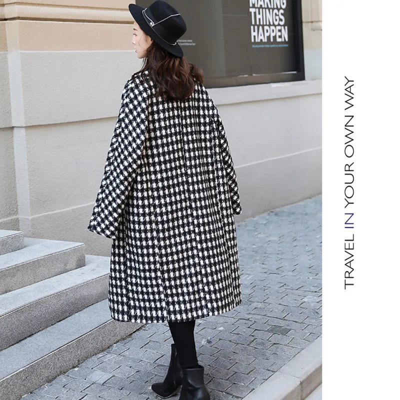 [LANMREM] осень и зима новые продукты Мода ретро лацканы плед выше колена в длинное шерстяное пальто женский