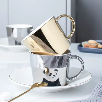 

Nordic Creative Reflection Coffee Ceramic Mug Saucer Set with Vacuum Titanium Plated Mirror Water Cup with Tray Afternoon Teacup