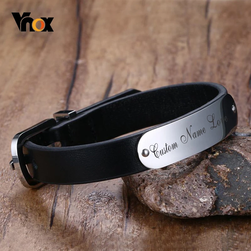 

Vnox Mens Free Custom Engraving Name Love Date Inspirational Messages Black Genuine Leather Bracelets Bangles Size Adjustable