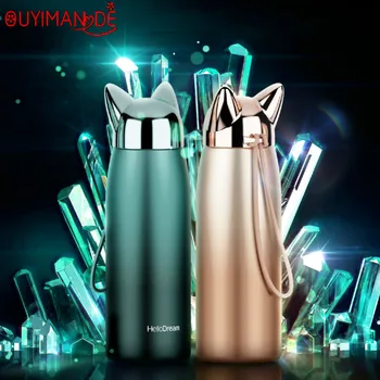 

Girls cute Water Bottle Double Wall Thermos Stainless Steel Vacuum Flasks Cute Cat Fox Ear Thermal Coffee Tea Milk Travel Mug