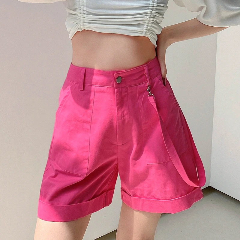 Pink Casual Cargo Short Pants Women Harajuku High Waist Shorts with Strips Pockets Fashion Loose Shorts High Street